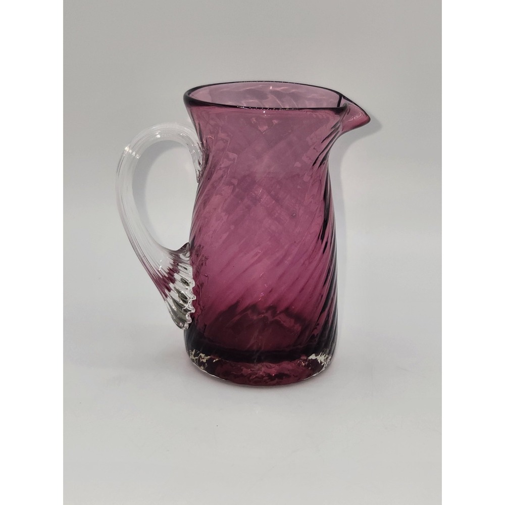 Pilgrim Glass Cranberry Swirl Creamer Pitcher Hand Blown Applied Clear Handle